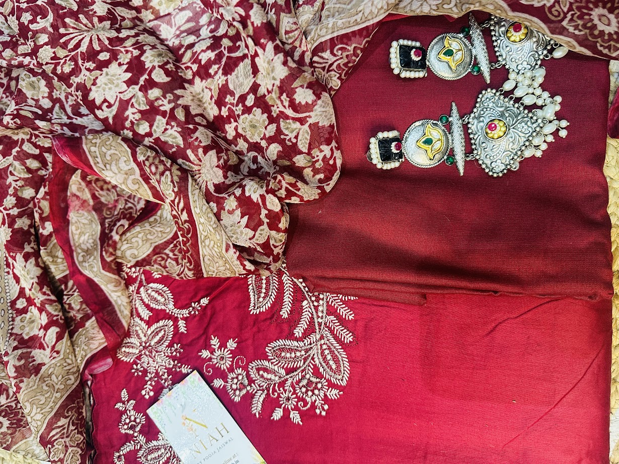Red viscose cotton with chiffon duppata image 4
