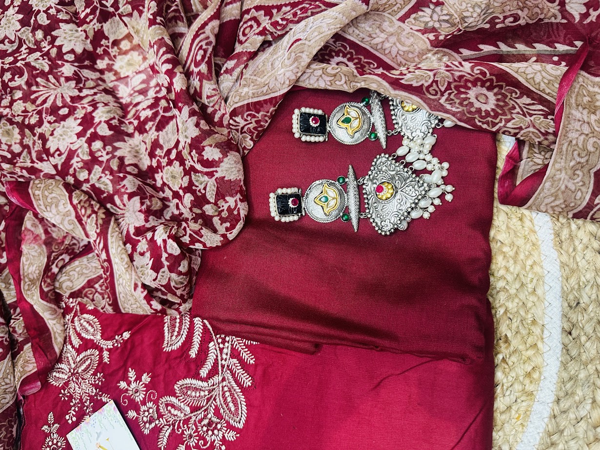 Red viscose cotton with chiffon duppata main image