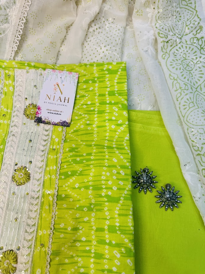 Pure cotton Neon Green Suit with chickenkari duppta n beautiful Bottom image 4