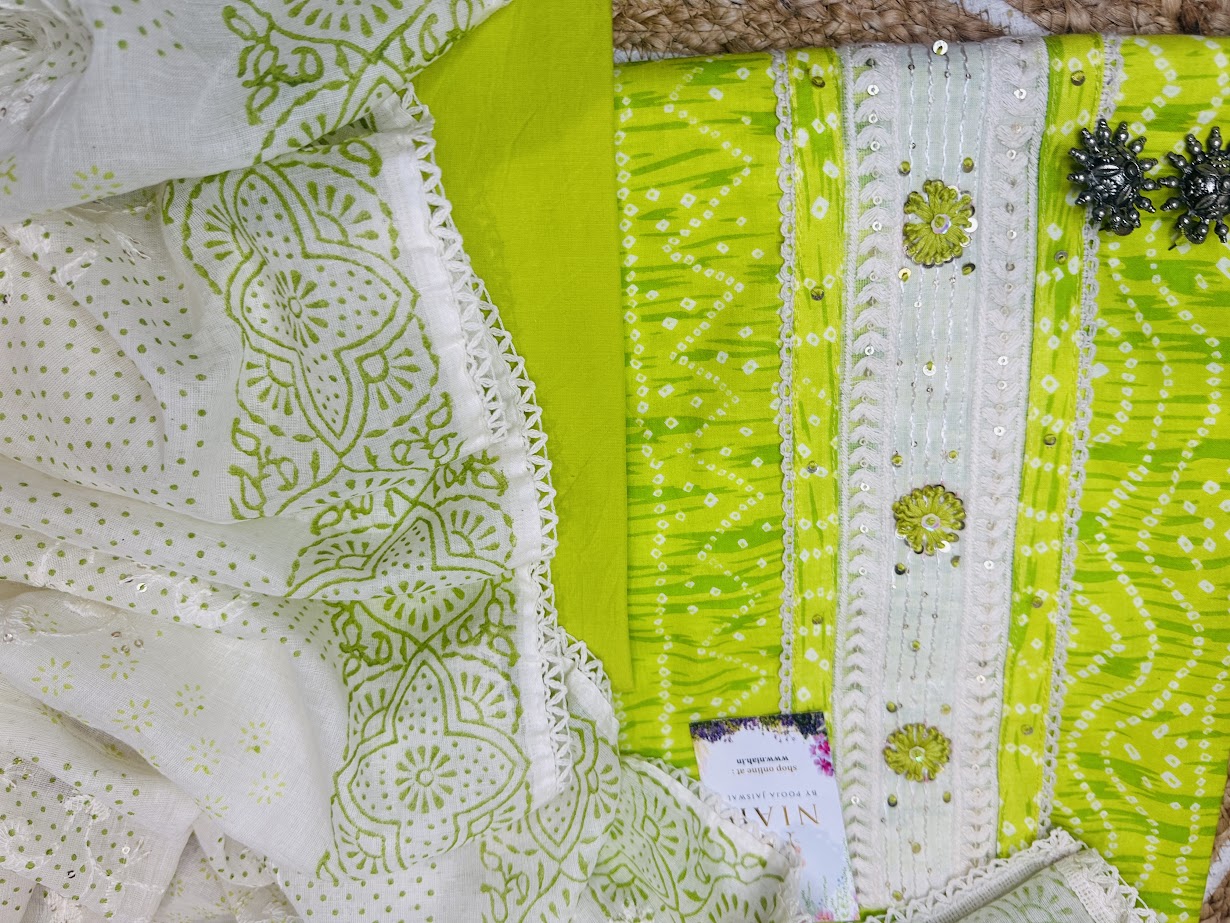 Pure cotton Neon Green Suit with chickenkari duppta n beautiful Bottom image 2